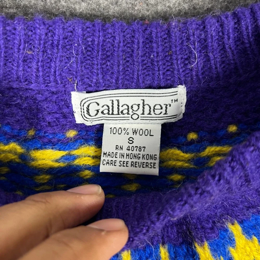 Vintage 80s Gallagher Chunky Fair Isle Sweater Mens Small Wool Old Money Grandpa